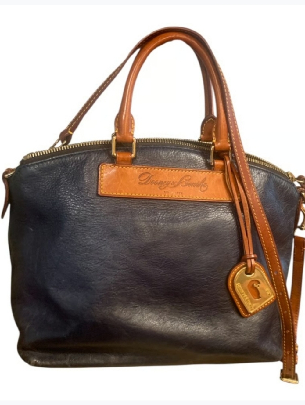 📌VINTAGE Dooney & Bourke Black Leather Satchel with Tan Trim, Bronze Tag!✨️
